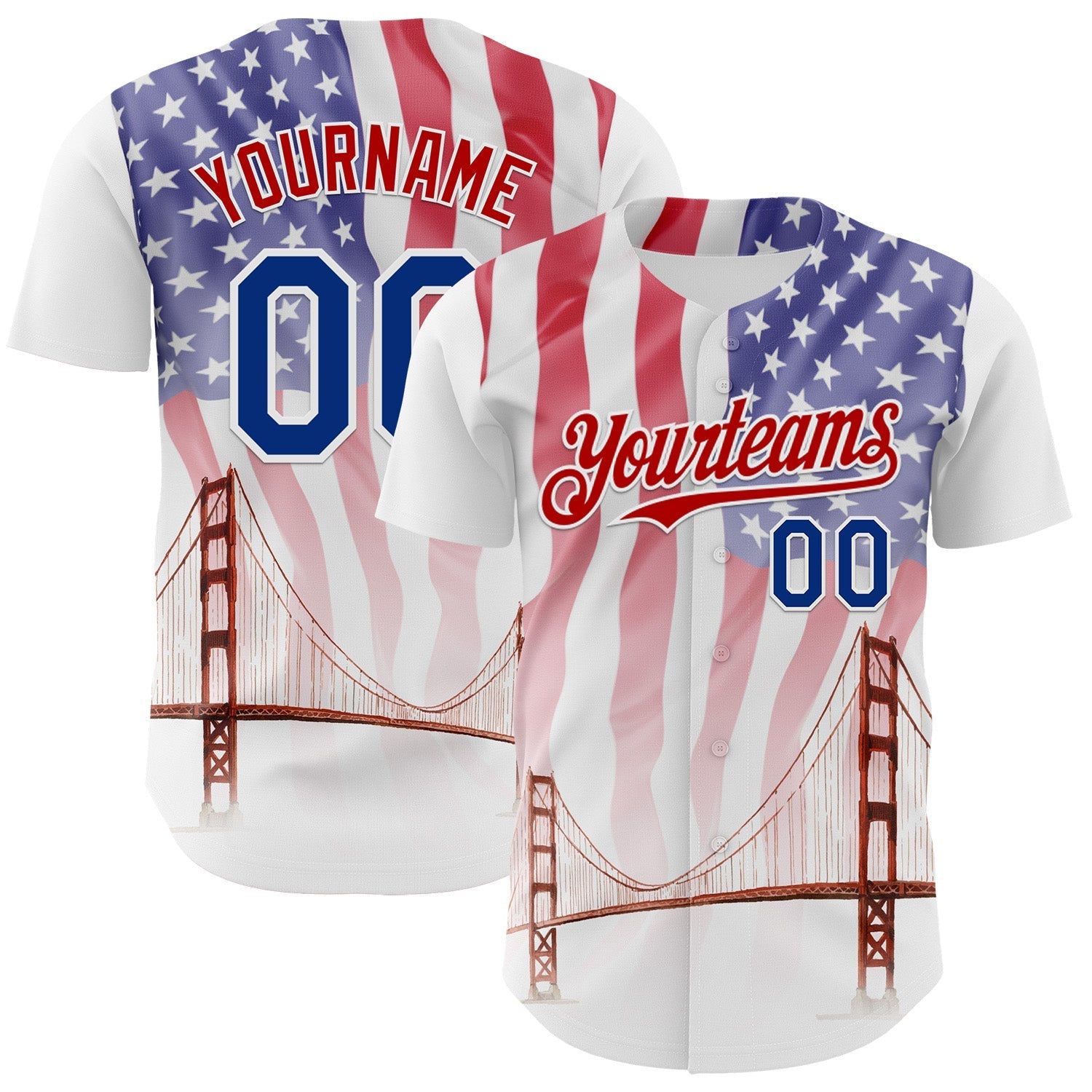 Custom White Royal-Red 3D Patriotic American Flag And Golden Gate Bridge Authentic Baseball Jersey baseball jersey product view 1