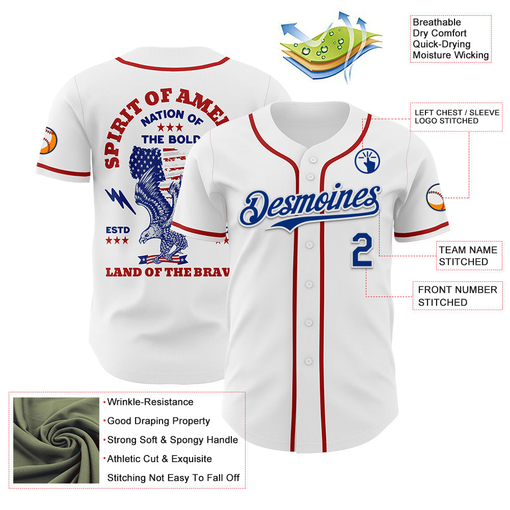 Custom White Royal-Red 3D Patriotic American Flag And Eagle Authentic Baseball Jersey baseball jersey product view 3