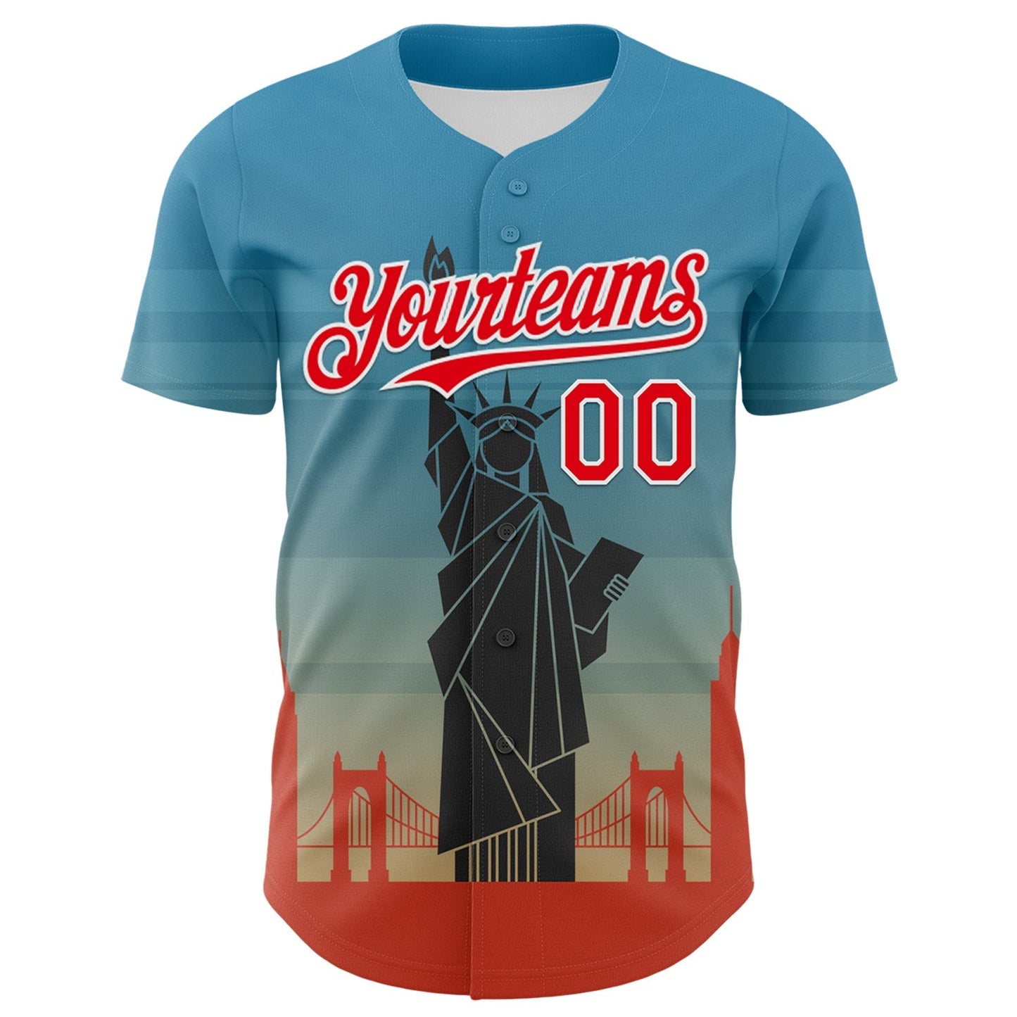 Custom Blue Fire Red-White 3D Pattern Design Patriotic American Symbol Golden Gate Bridge And Statue of Liberty Authentic Baseball Jersey baseball jersey product view 2