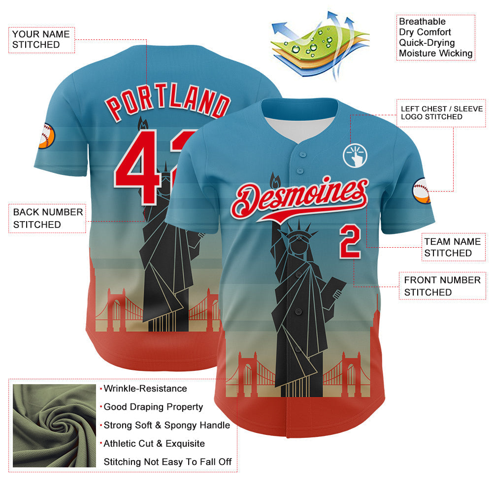 Custom Blue Fire Red-White 3D Pattern Design Patriotic American Symbol Golden Gate Bridge And Statue of Liberty Authentic Baseball Jersey baseball jersey product view 3