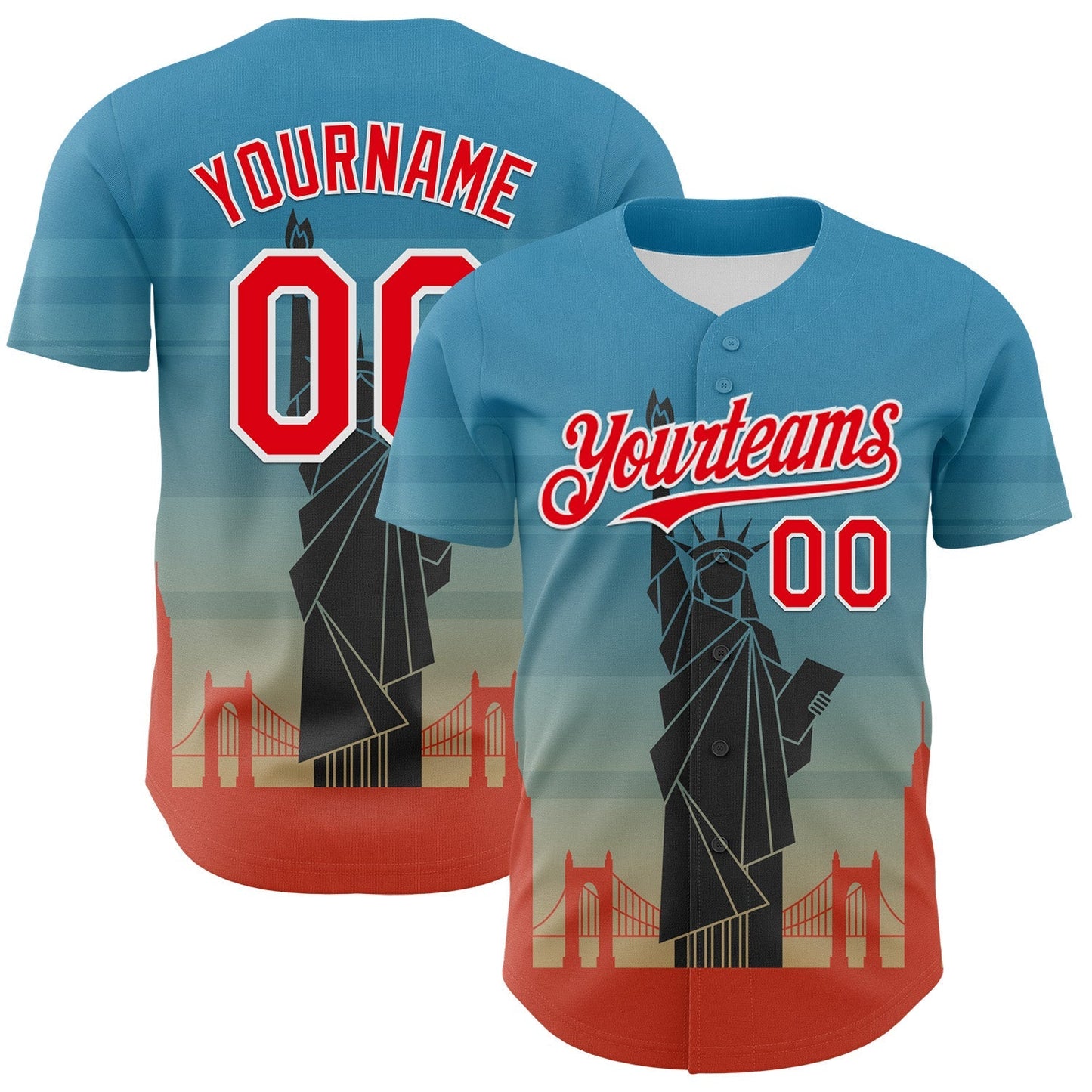 Custom Blue Fire Red-White 3D Pattern Design Patriotic American Symbol Golden Gate Bridge And Statue of Liberty Authentic Baseball Jersey baseball jersey product view 1
