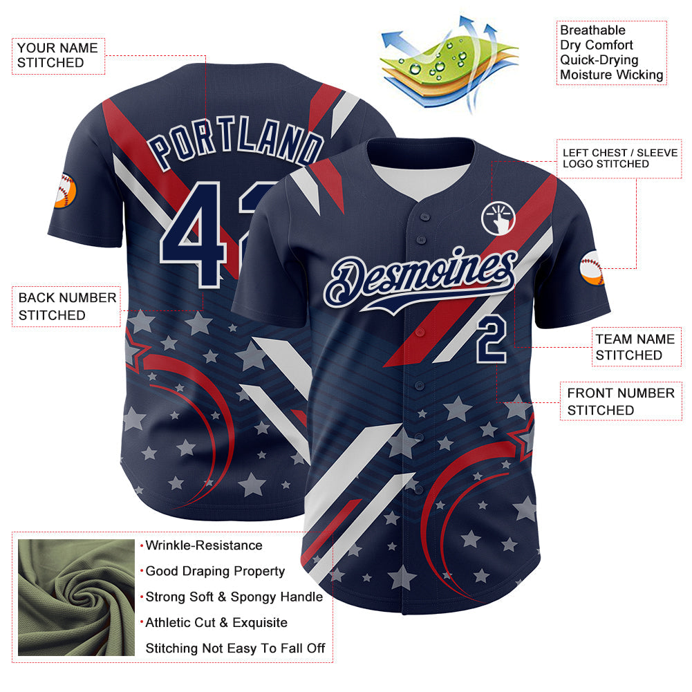 Custom Navy Red-White 3D Patriotic American Flag Authentic Baseball Jersey baseball jersey product view 3