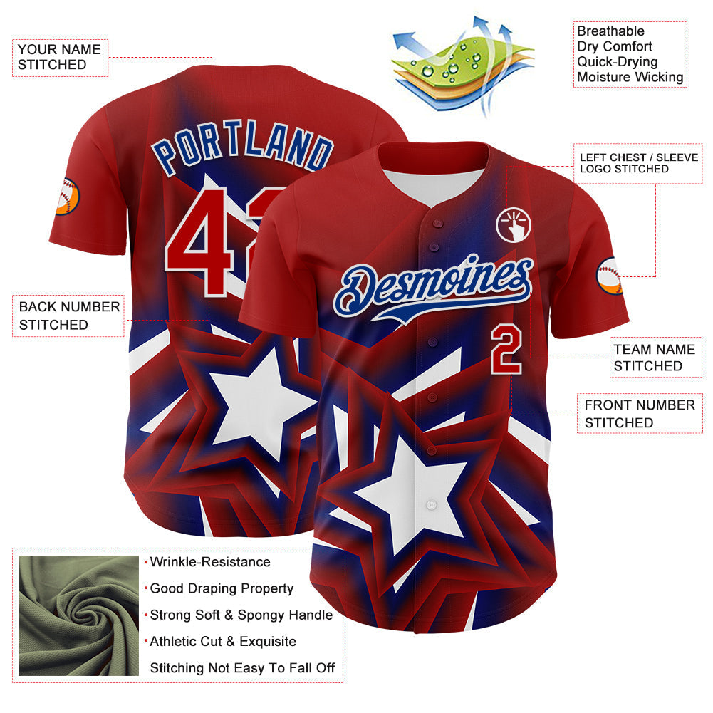 Custom Red Royal-White 3D Patriotic American Flag And Star Authentic Baseball Jersey baseball jersey product view 3
