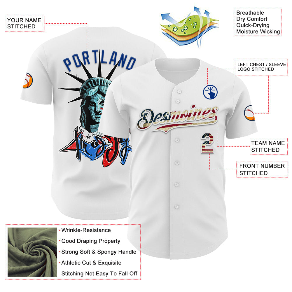 Custom White Vintage USA Flag-Royal 3D Patriotic Statue of Liberty Authentic Baseball Jersey baseball jersey product view 3