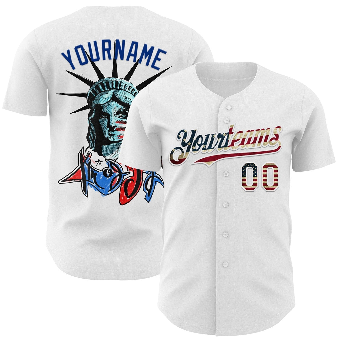 Custom White Vintage USA Flag-Royal 3D Patriotic Statue of Liberty Authentic Baseball Jersey baseball jersey product view 1