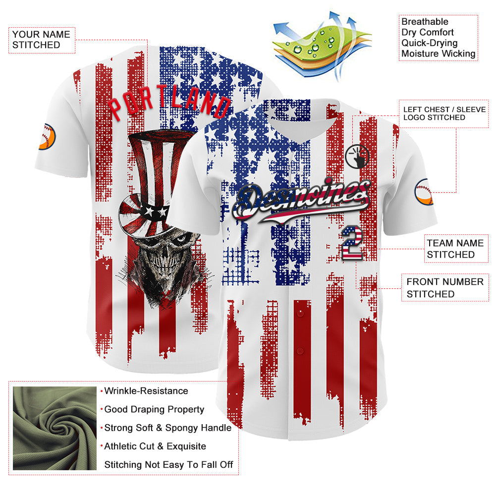 Custom White USA Flag Fire Red-Black 3D Patriotic Skull Authentic Baseball Jersey baseball jersey product view 3