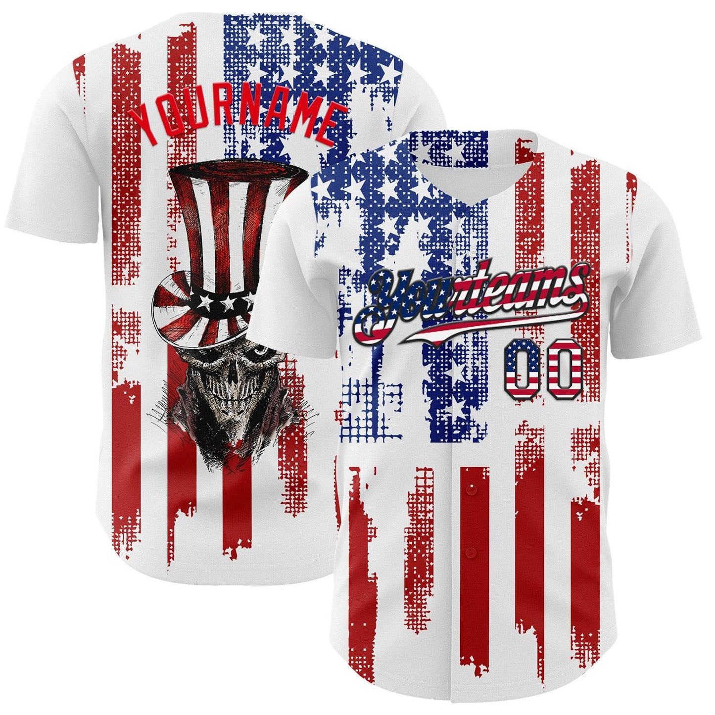 Custom White USA Flag Fire Red-Black 3D Patriotic Skull Authentic Baseball Jersey baseball jersey product view 1