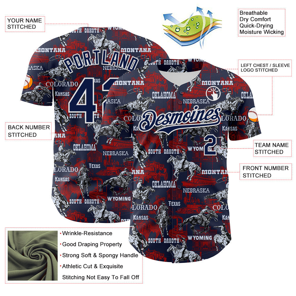 Custom Navy White 3D Pattern Design Patriotic American Spirit Rodeo Cowboy Authentic Baseball Jersey baseball jersey product view 3