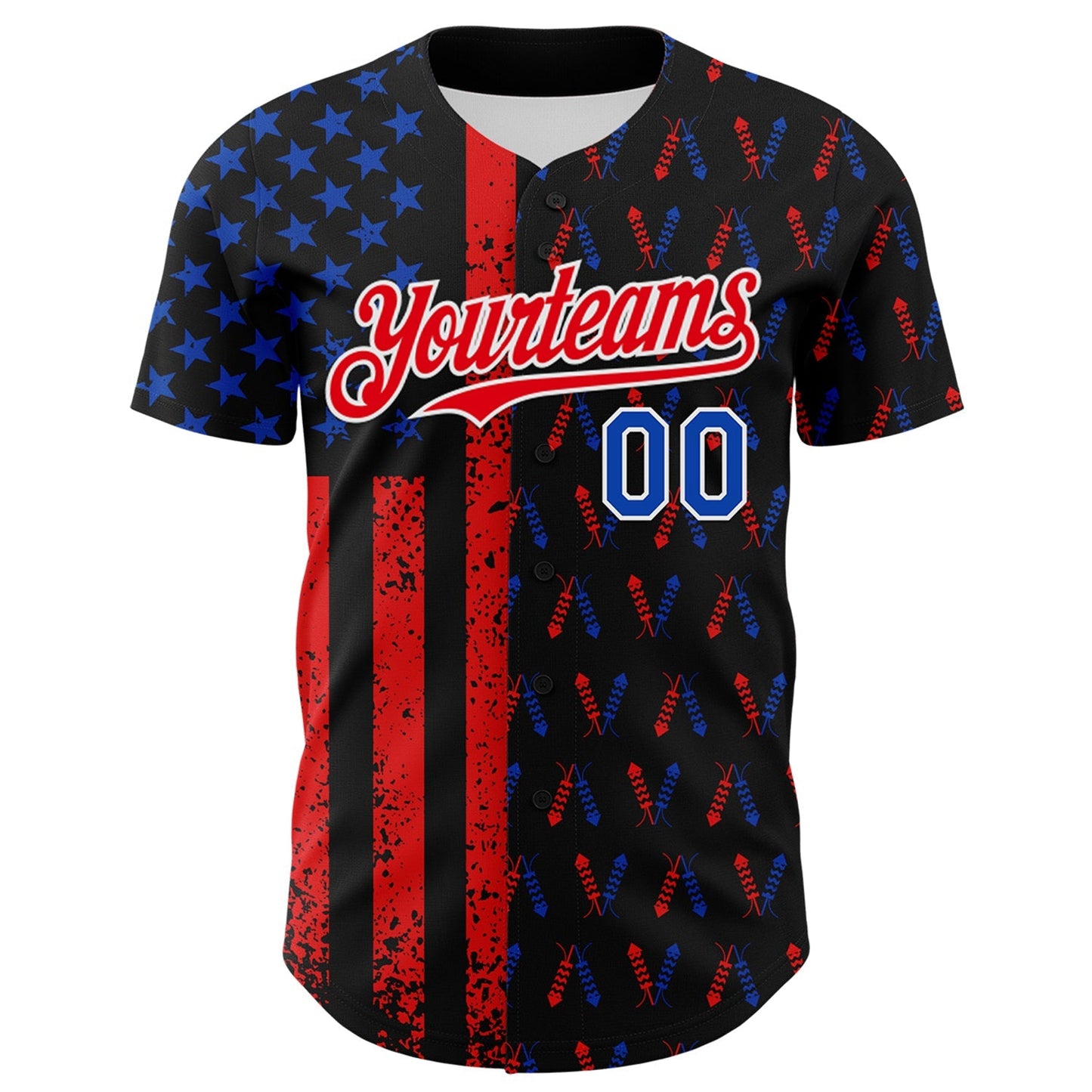 Custom Black Thunder Blue Fire Red-White 3D Patriotic American Flag Authentic Baseball Jersey baseball jersey product view 2