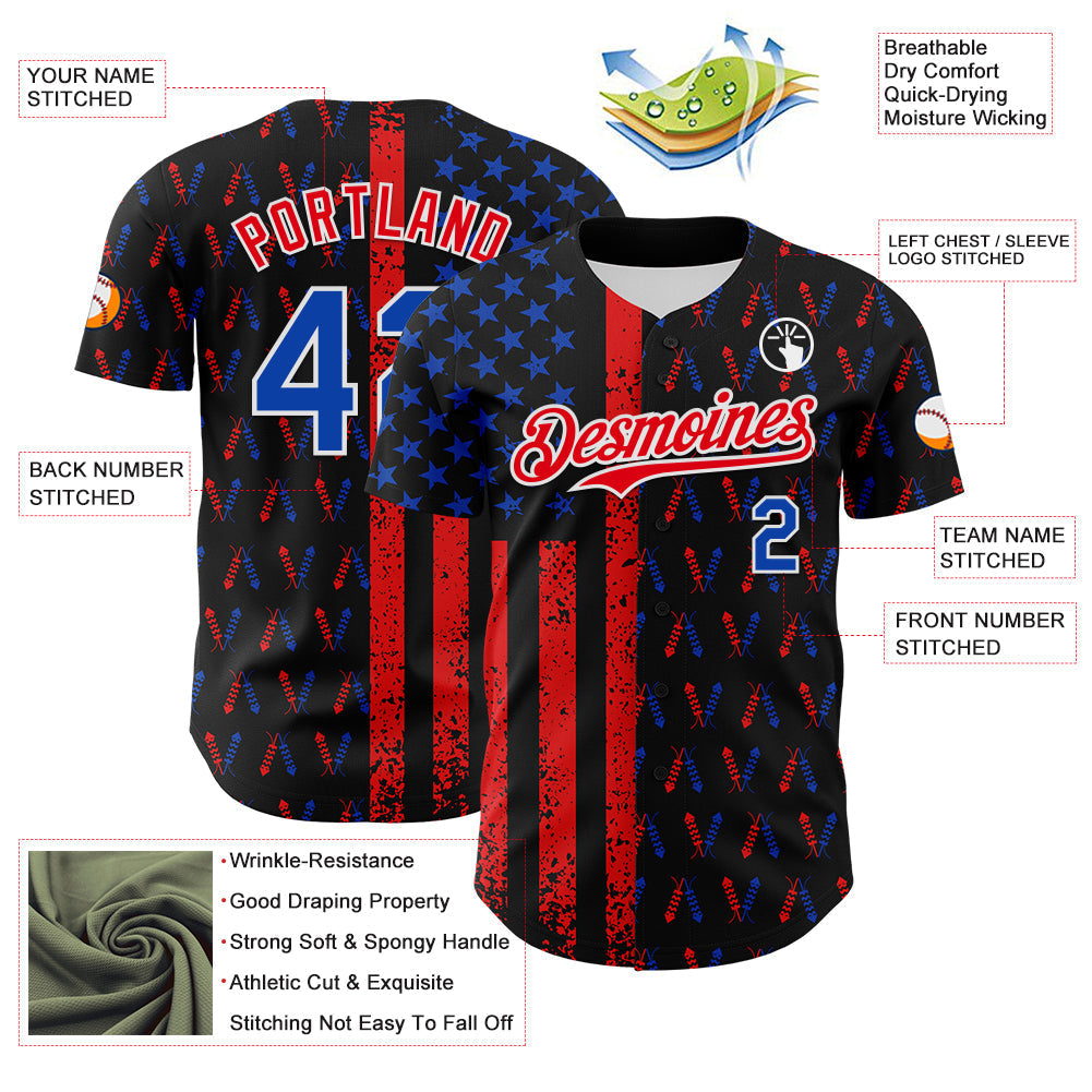 Custom Black Thunder Blue Fire Red-White 3D Patriotic American Flag Authentic Baseball Jersey baseball jersey product view 3