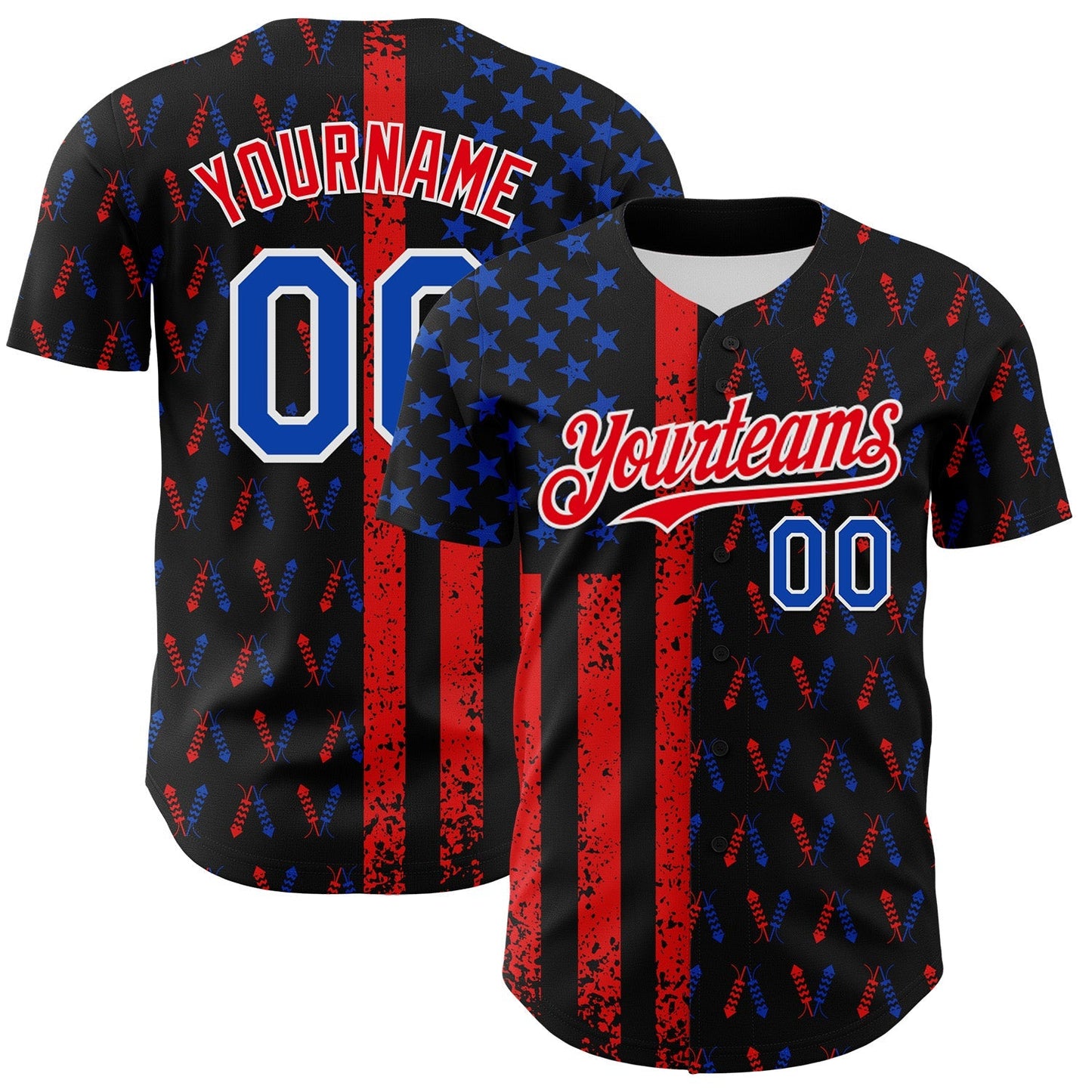 Custom Black Thunder Blue Fire Red-White 3D Patriotic American Flag Authentic Baseball Jersey baseball jersey product view 1