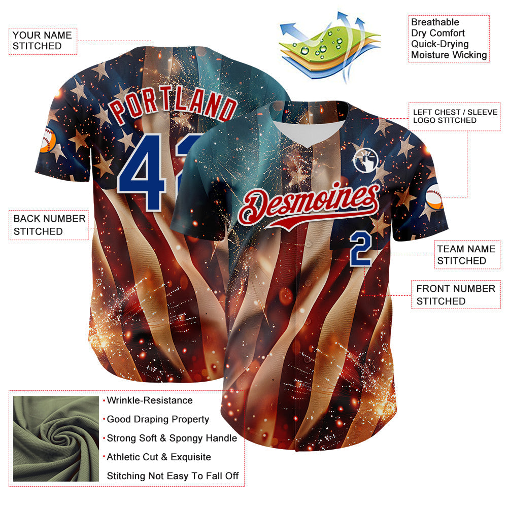 Custom Blue Royal Red-White 3D Patriotic American Flag Authentic Baseball Jersey baseball jersey product view 3