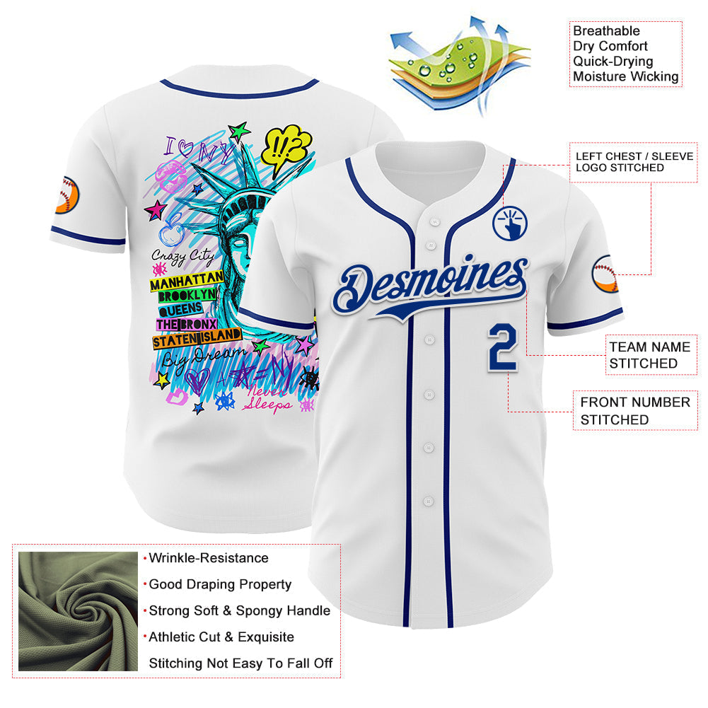 Custom White Royal 3D Pattern Design Patriotic American Symbol Statue of Liberty Authentic Baseball Jersey baseball jersey product view 3