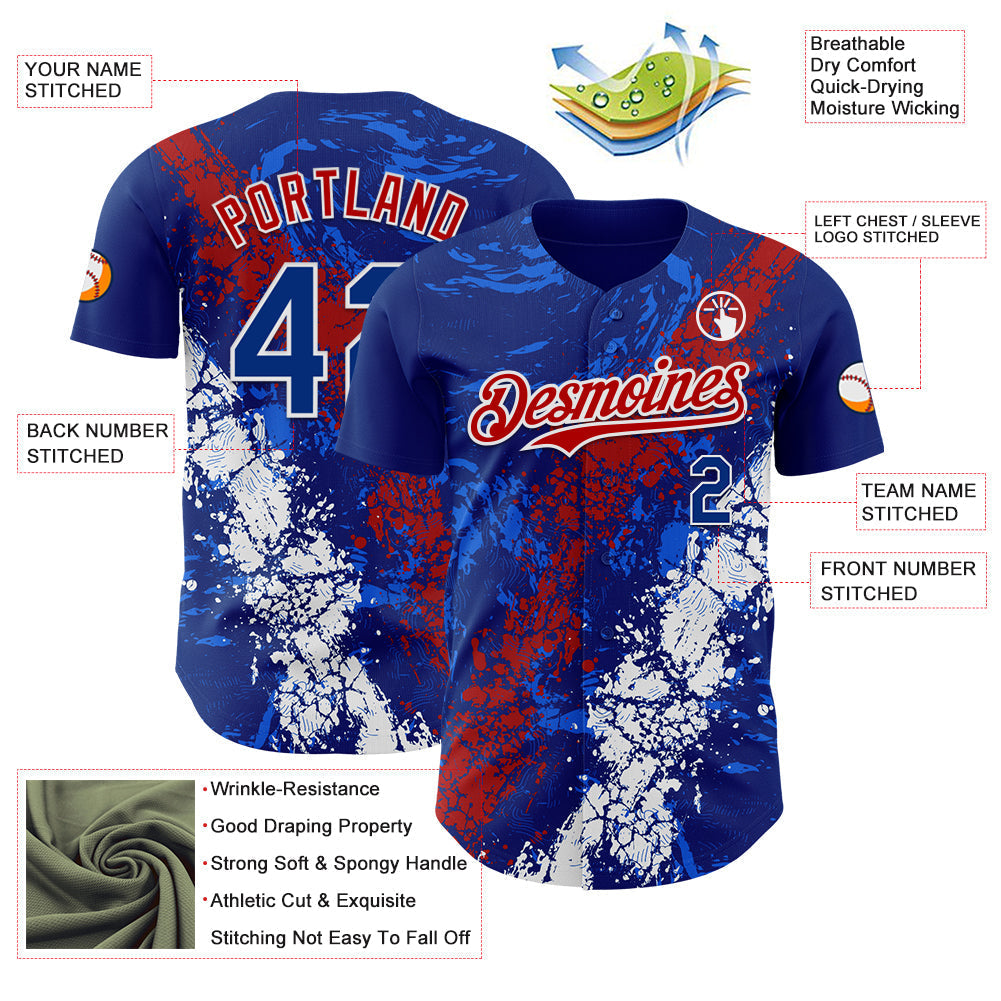 Custom Royal Red-White Splash Authentic Baseball Jersey baseball jersey product view 3