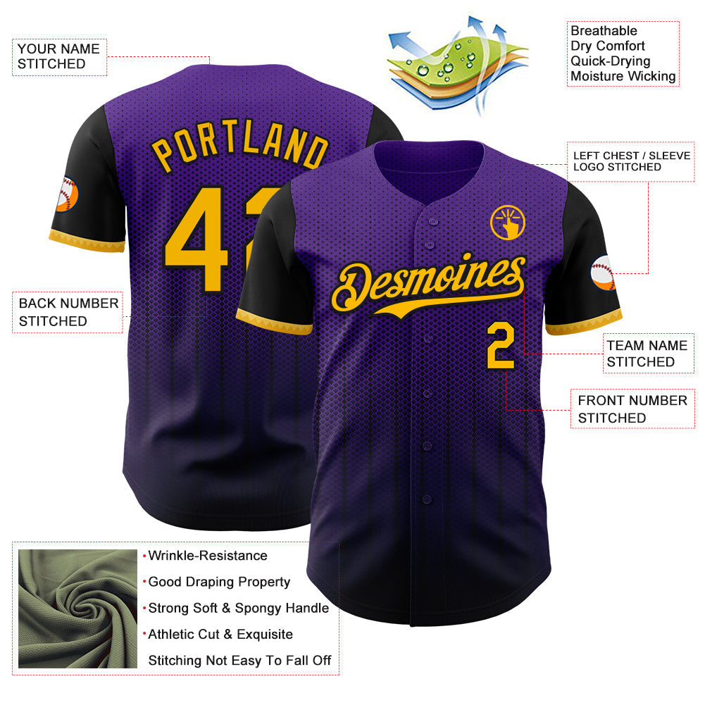 Custom Purple Gold-Black 3D Pattern Design Gradient Geometric Shape Authentic Baseball Jersey baseball jersey product view 3