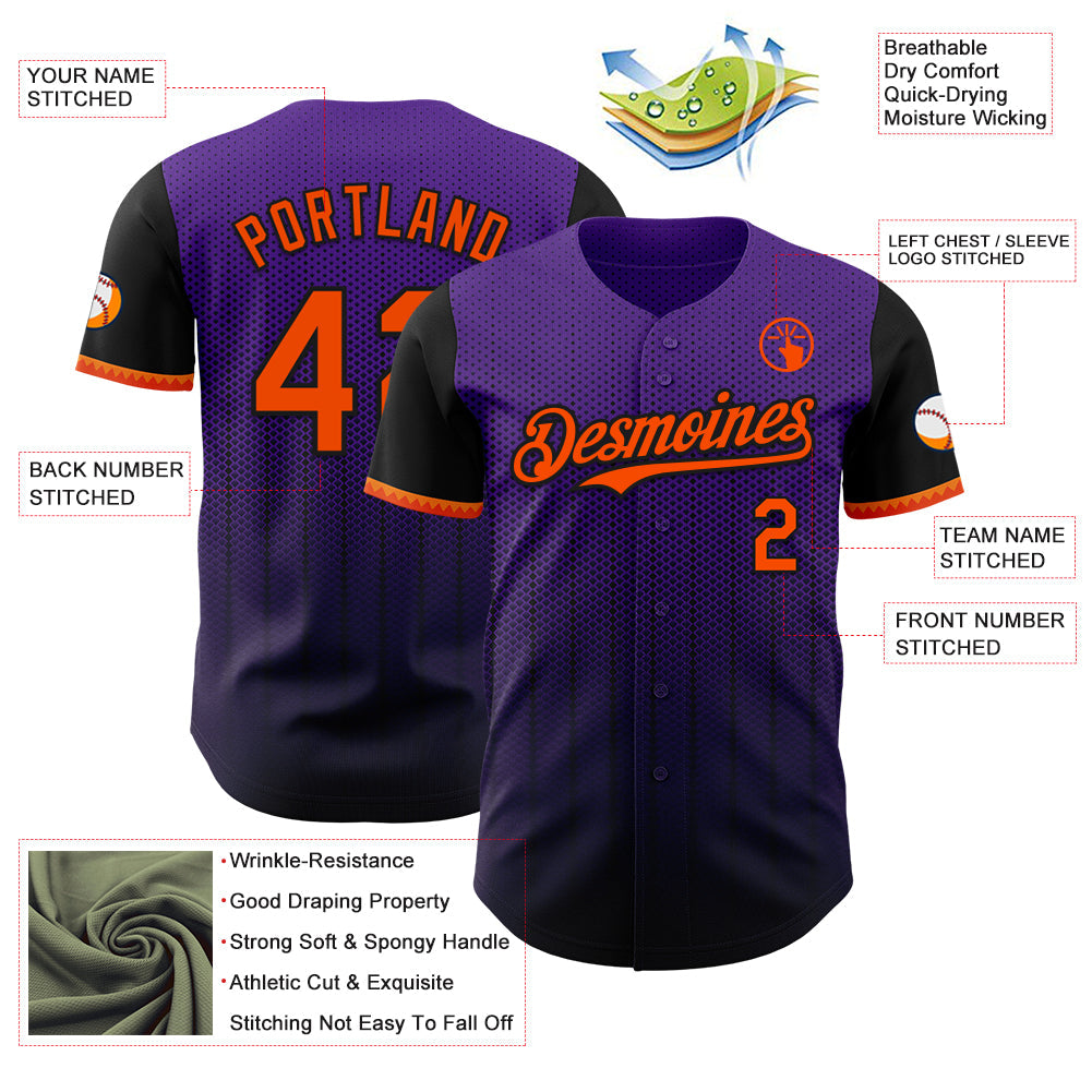 Custom Purple Orange-Black 3D Pattern Design Gradient Geometric Shape Authentic Baseball Jersey baseball jersey product view 3