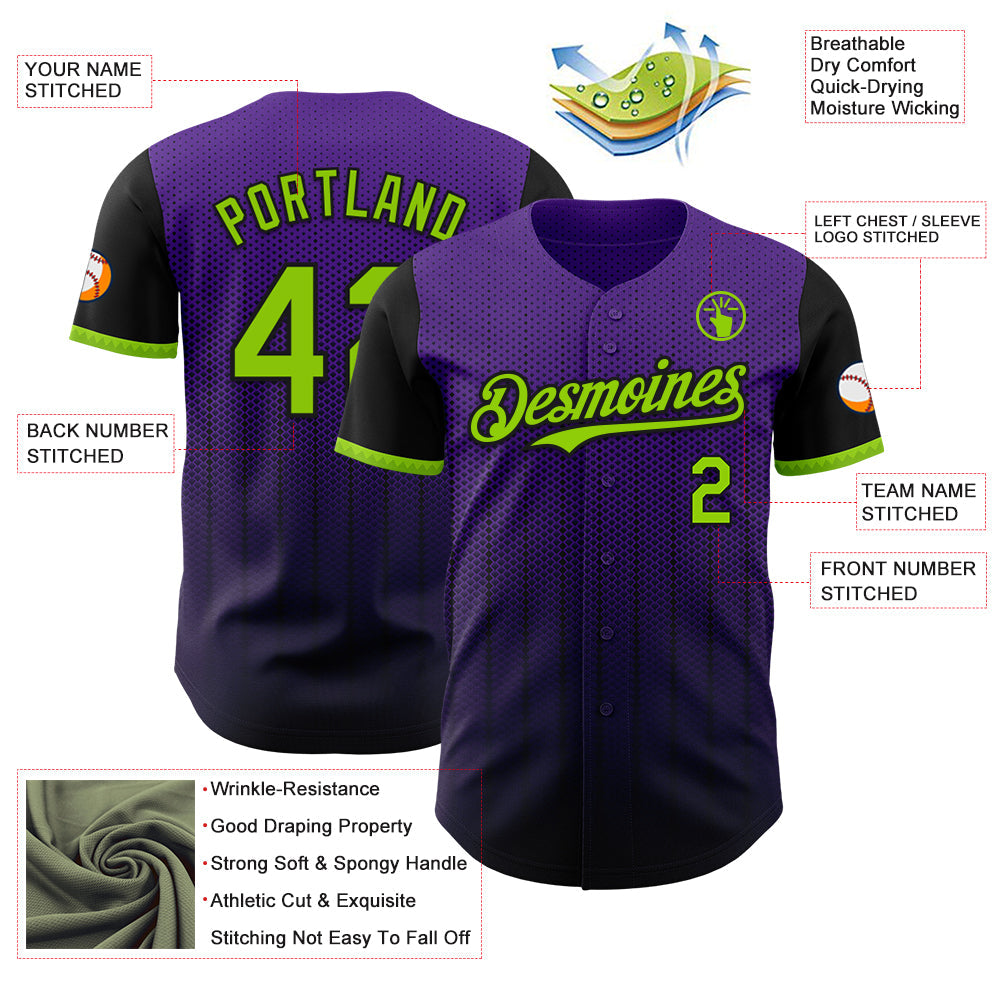 Custom Purple Neon Green-Black 3D Pattern Design Gradient Geometric Shape Authentic Baseball Jersey baseball jersey product view 3