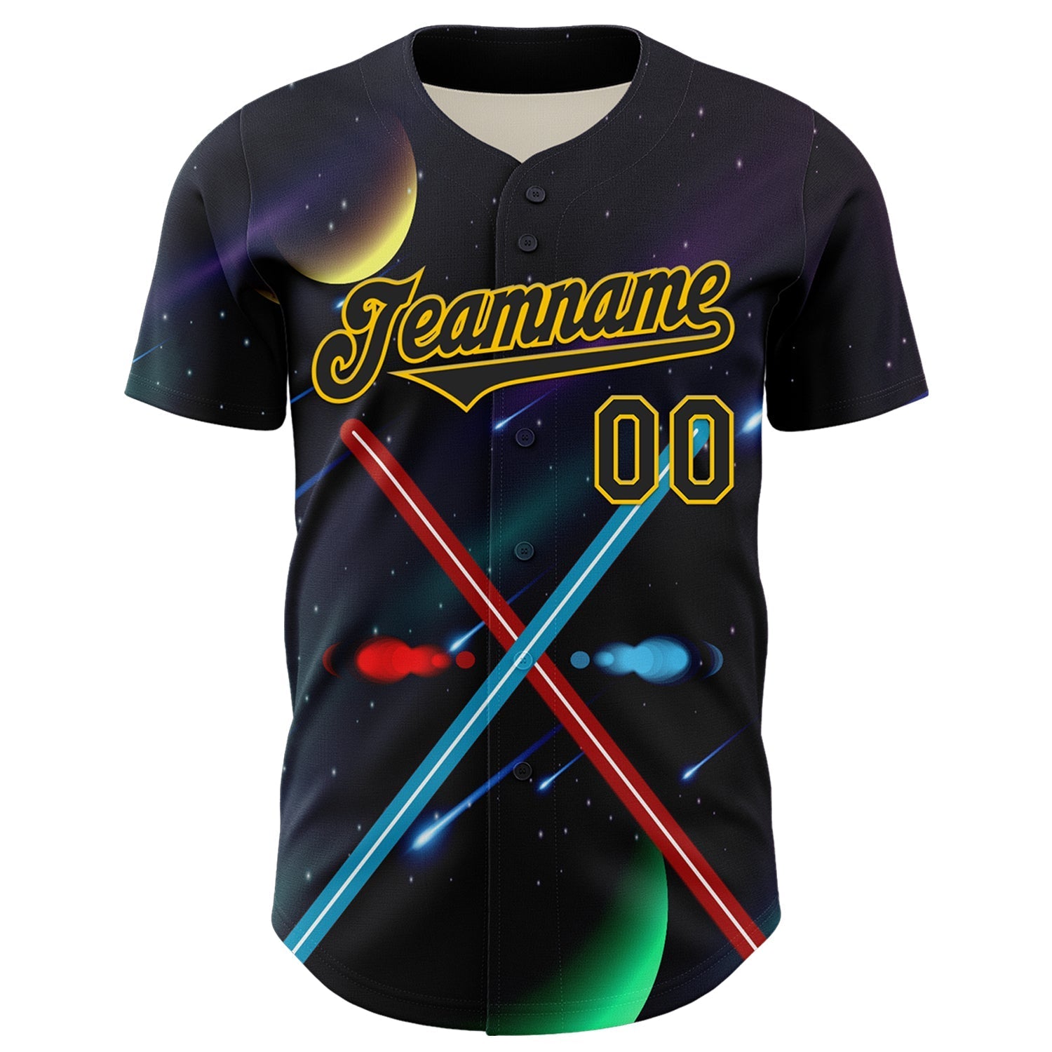 Custom Black Yellow 3D Pattern Design Outer Space Light Swords Authentic Baseball Jersey baseball jersey product view 2