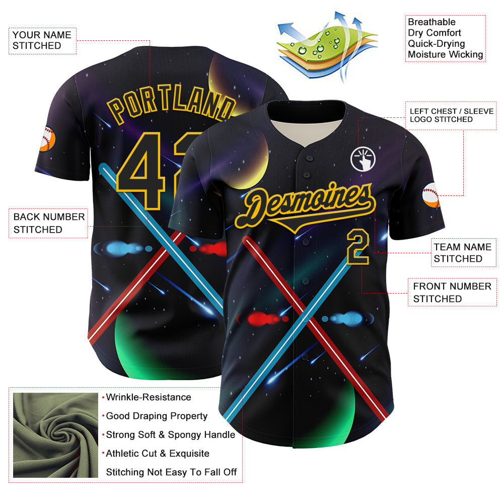 Custom Black Yellow 3D Pattern Design Outer Space Light Swords Authentic Baseball Jersey baseball jersey product view 3