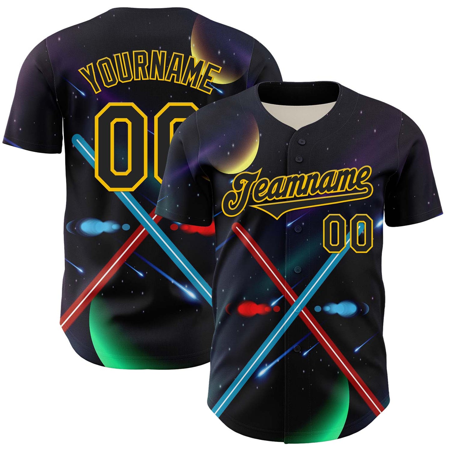 Custom Black Yellow 3D Pattern Design Outer Space Light Swords Authentic Baseball Jersey baseball jersey product view 1