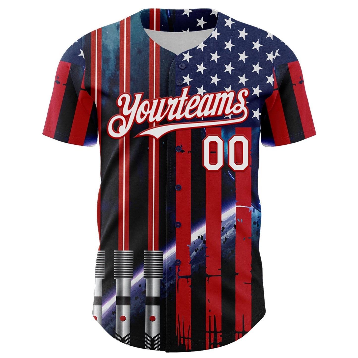 Custom Blue White-Red 3D Pattern Design American Flag Outer Space Light Swords Authentic Baseball Jersey baseball jersey product view 2