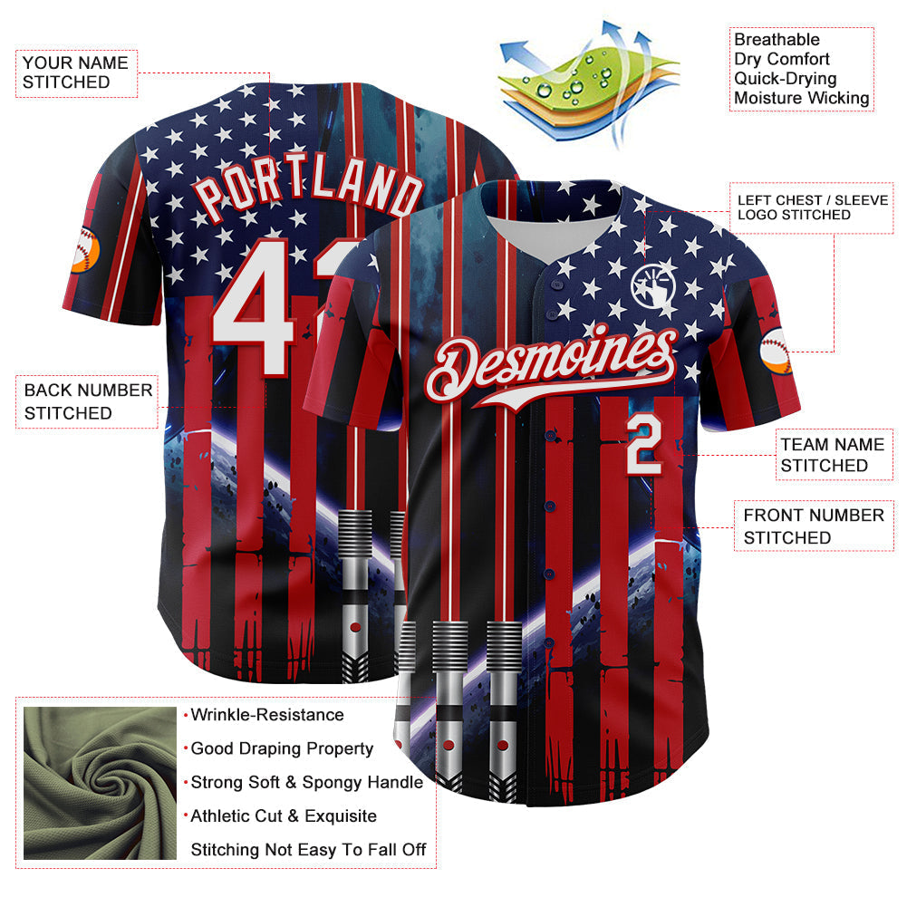 Custom Blue White-Red 3D Pattern Design American Flag Outer Space Light Swords Authentic Baseball Jersey baseball jersey product view 3