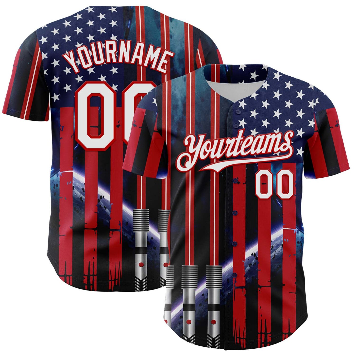 Custom Blue White-Red 3D Pattern Design American Flag Outer Space Light Swords Authentic Baseball Jersey baseball jersey product view 1