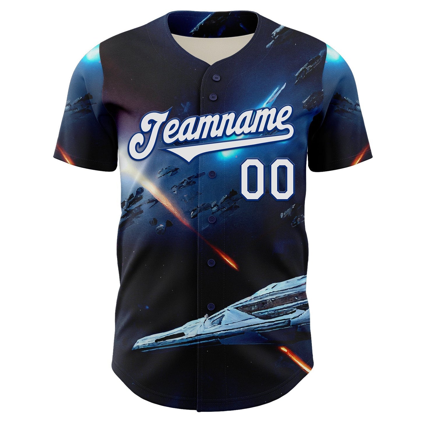 Custom Blue White-Royal 3D Pattern Design Outer Space Starships Authentic Baseball Jersey baseball jersey product view 2