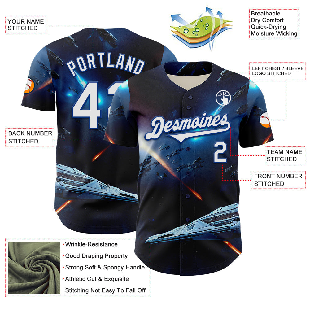 Custom Blue White-Royal 3D Pattern Design Outer Space Starships Authentic Baseball Jersey baseball jersey product view 3