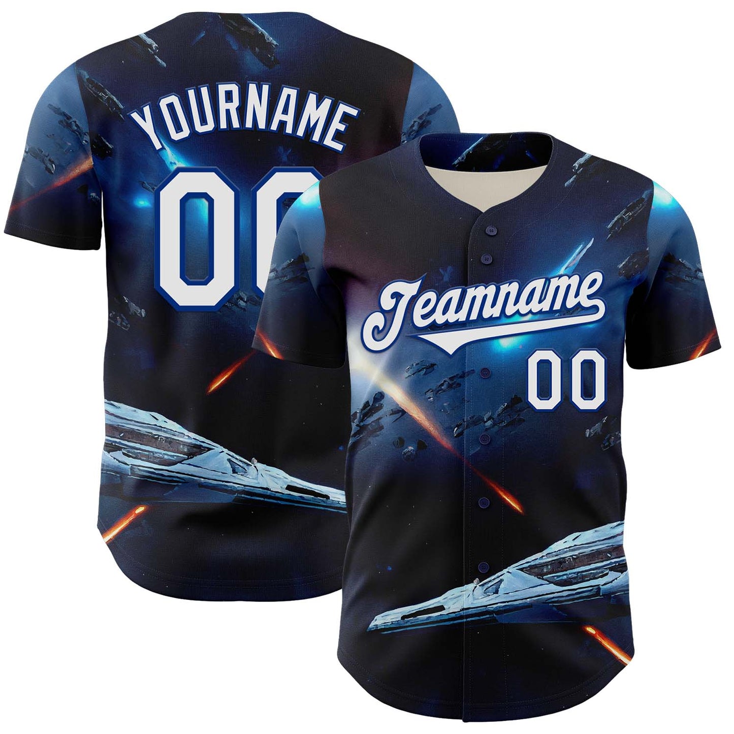 Custom Blue White-Royal 3D Pattern Design Outer Space Starships Authentic Baseball Jersey baseball jersey product view 1