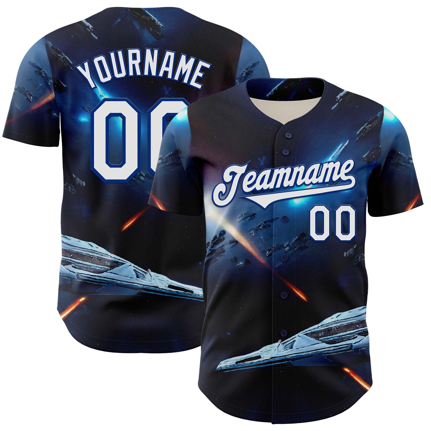 Custom Blue White-Royal 3D Pattern Design Outer Space Starships Authentic Baseball Jersey baseball jersey product view 1