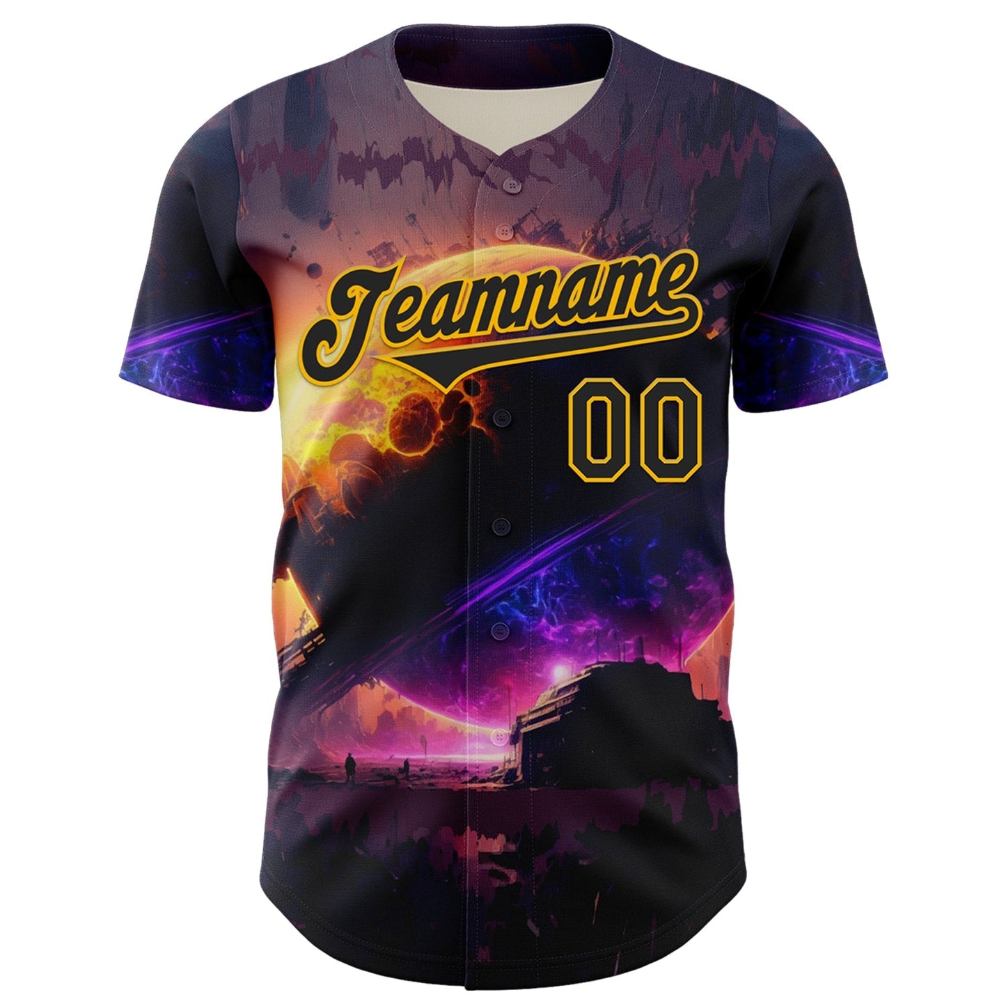 Custom Black Gold 3D Pattern Design Outer Space Solar Authentic Baseball Jersey baseball jersey product view 2