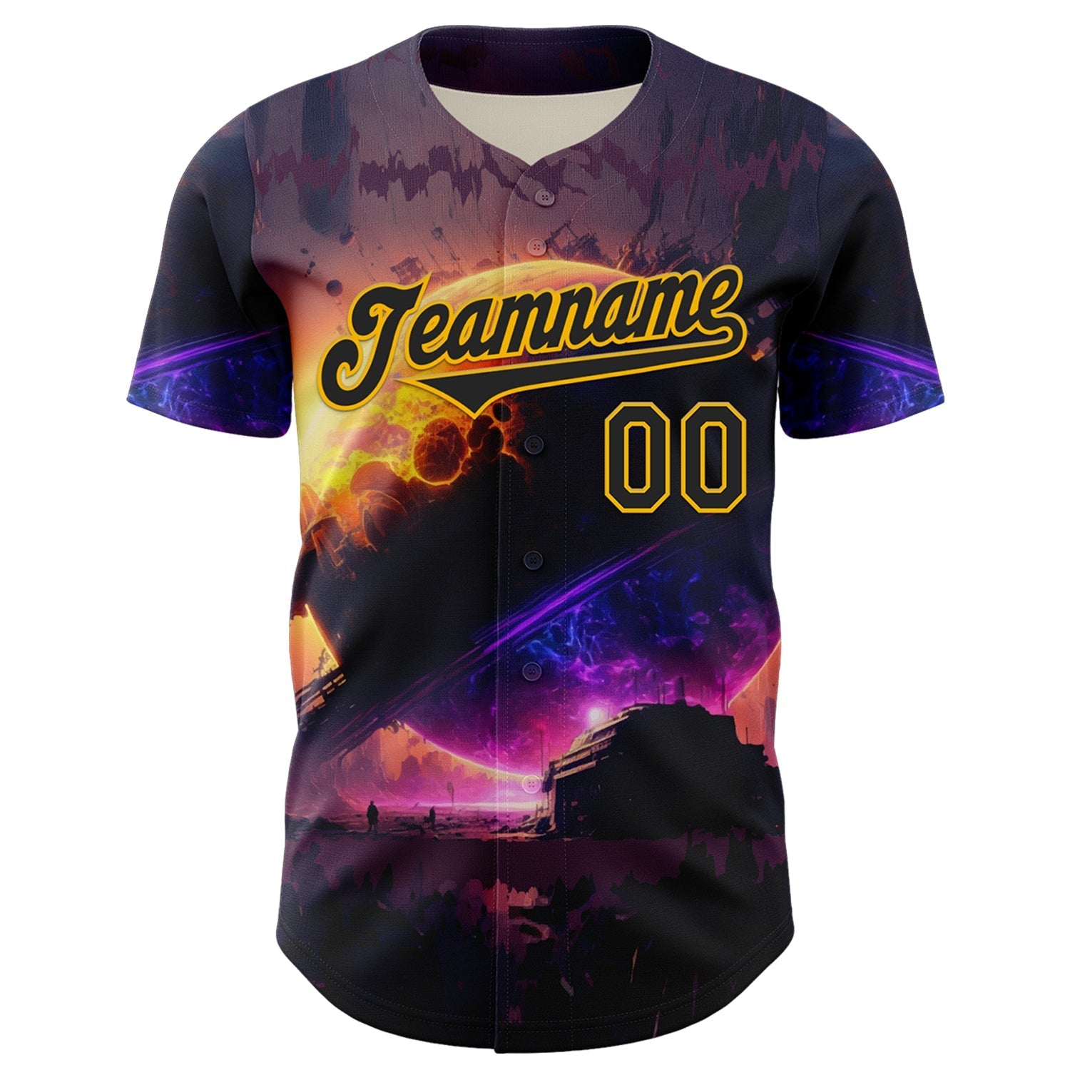 Custom Black Gold 3D Pattern Design Outer Space Solar Authentic Baseball Jersey baseball jersey product view 2