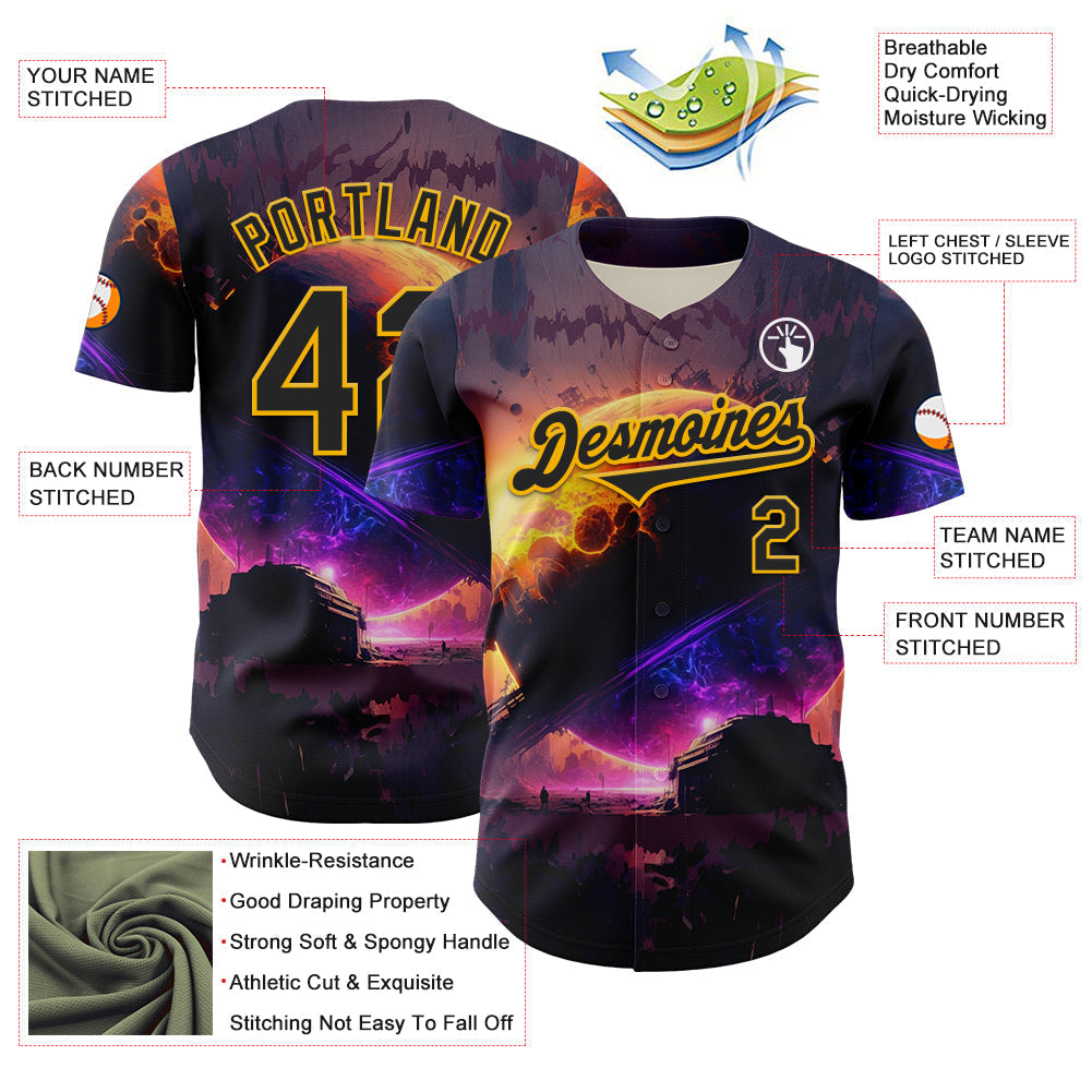 Custom Black Gold 3D Pattern Design Outer Space Solar Authentic Baseball Jersey baseball jersey product view 3