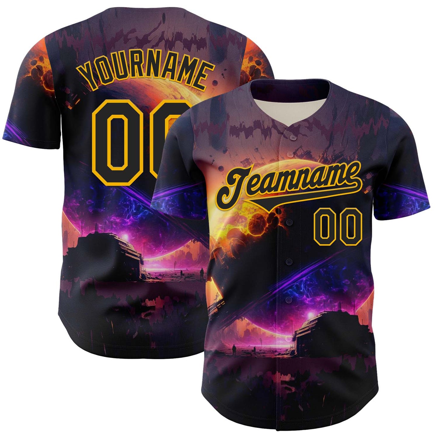 Custom Black Gold 3D Pattern Design Outer Space Solar Authentic Baseball Jersey baseball jersey product view 1
