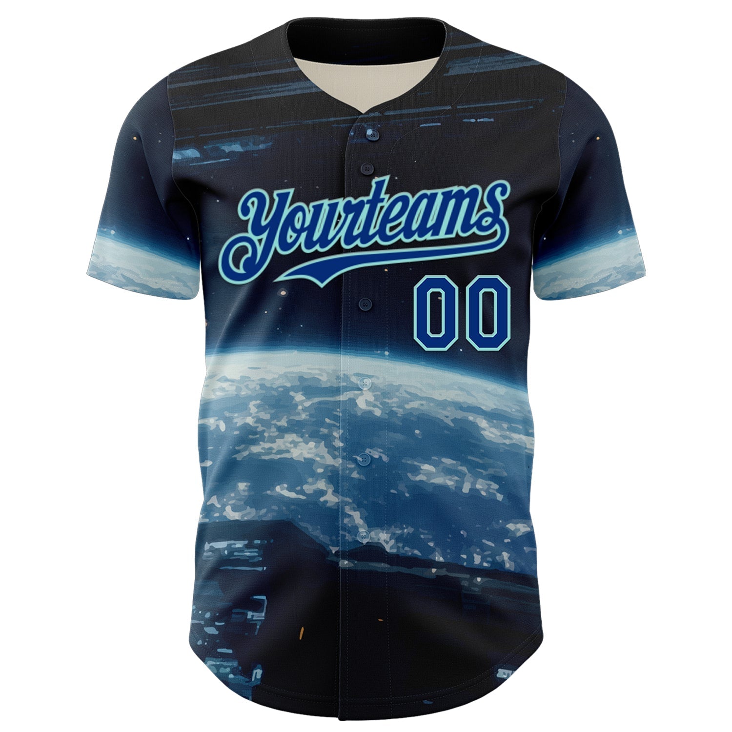 Custom Black Royal-Ice Blue 3D Pattern Design Outer Space Starships Authentic Baseball Jersey baseball jersey product view 2