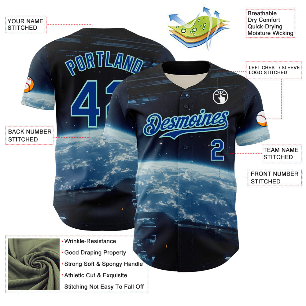 Custom Black Royal-Ice Blue 3D Pattern Design Outer Space Starships Authentic Baseball Jersey baseball jersey product view 3
