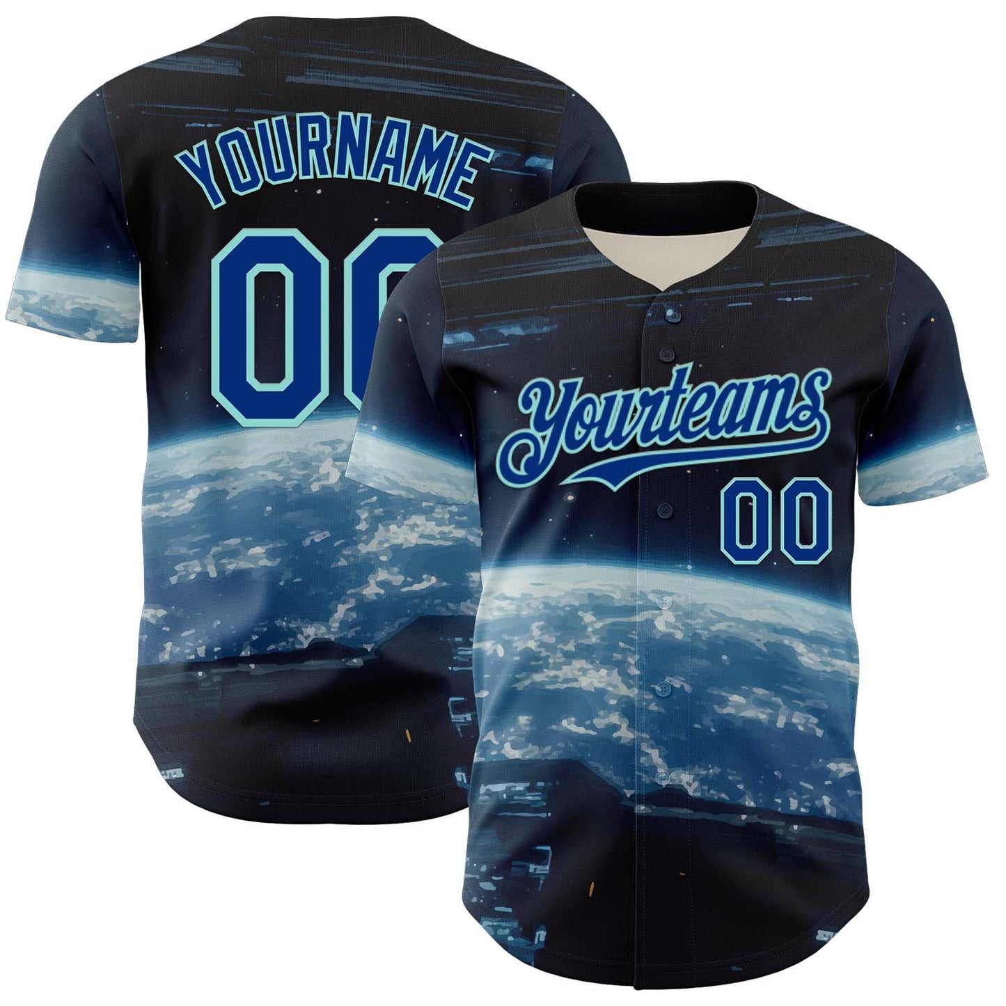 Custom Black Royal-Ice Blue 3D Pattern Design Outer Space Starships Authentic Baseball Jersey baseball jersey product view 1