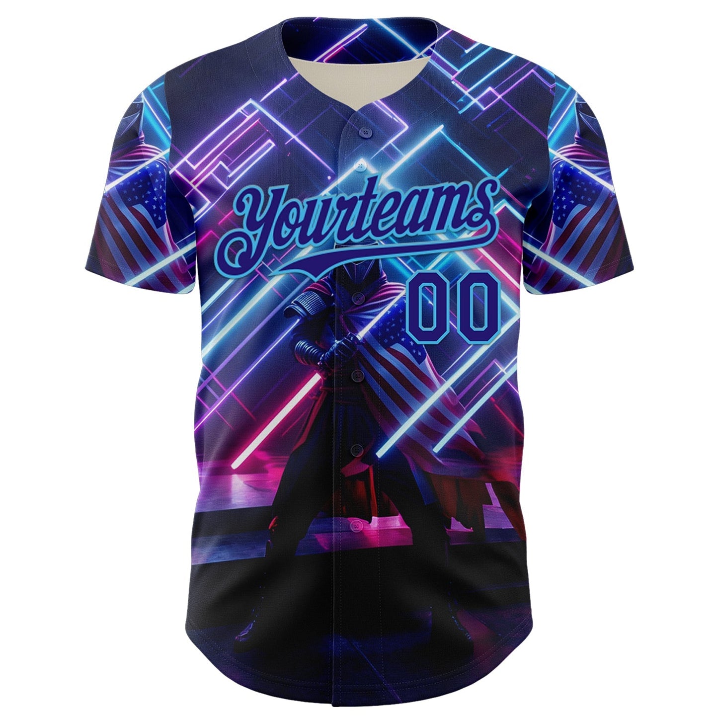 Custom Blue Dark Purple-Sky Blue 3D Pattern Design Outer Space Light Swords American Flag Authentic Baseball Jersey baseball jersey product view 2