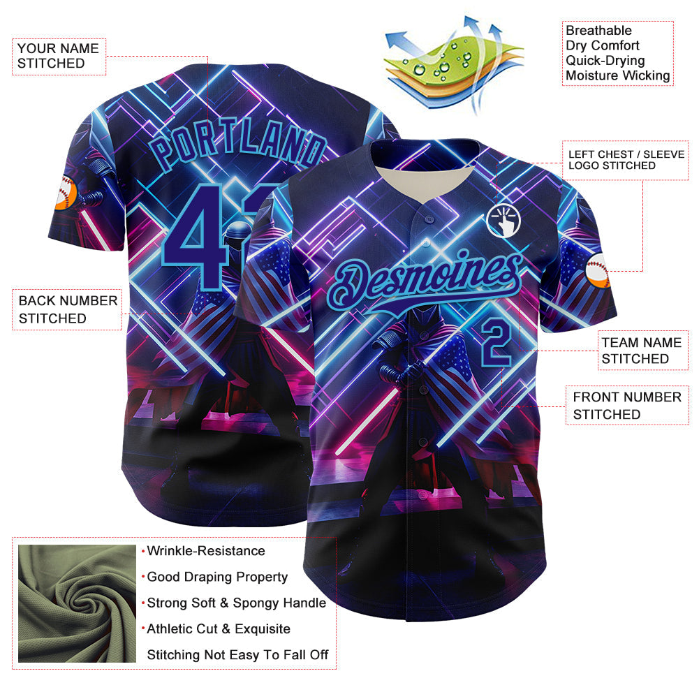Custom Blue Dark Purple-Sky Blue 3D Pattern Design Outer Space Light Swords American Flag Authentic Baseball Jersey baseball jersey product view 3