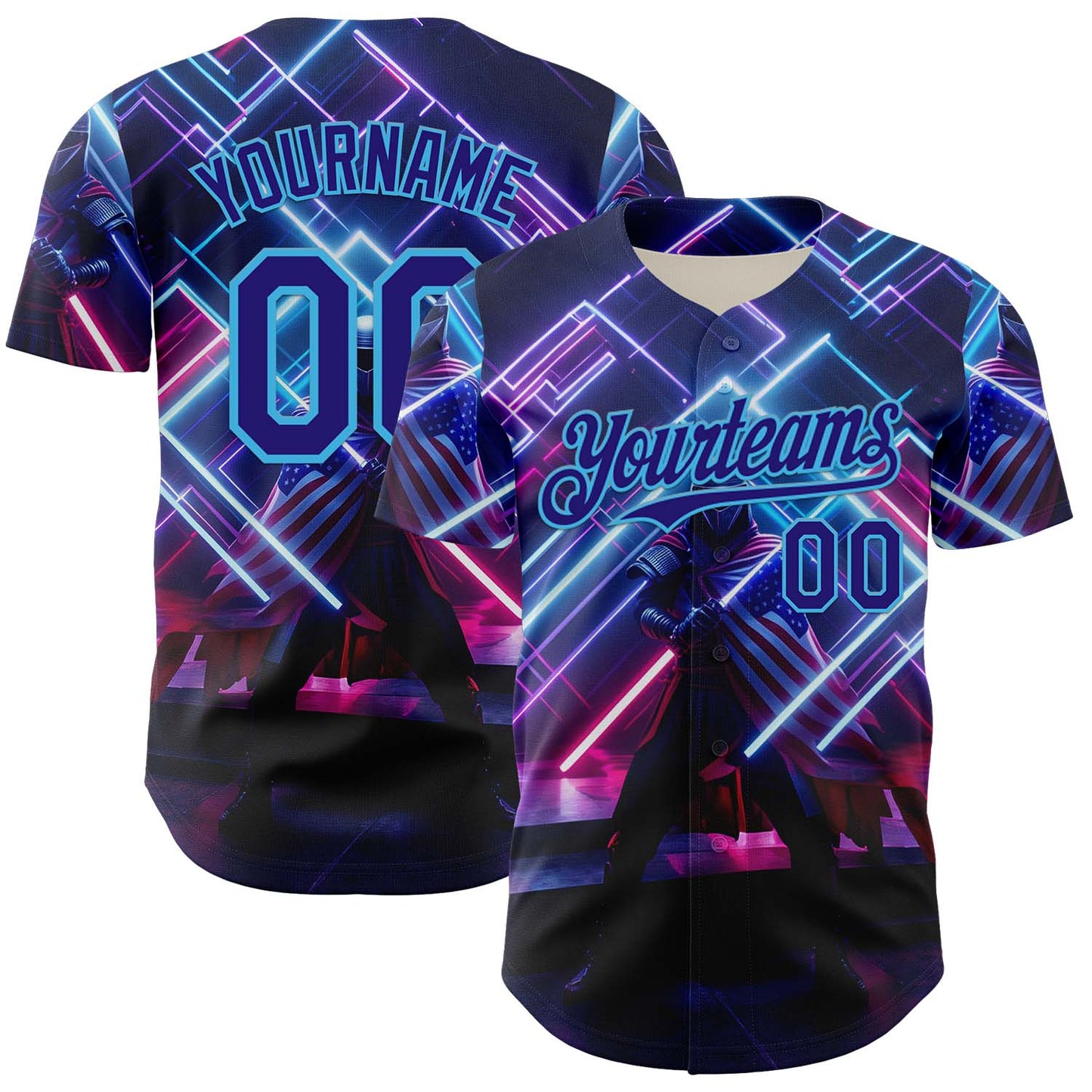 Custom Blue Dark Purple-Sky Blue 3D Pattern Design Outer Space Light Swords American Flag Authentic Baseball Jersey baseball jersey product view 1