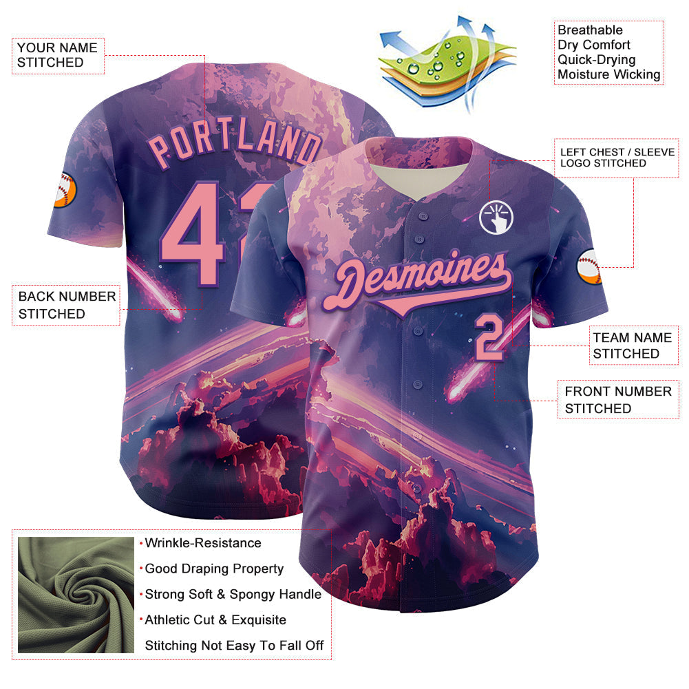 Custom Purple Medium Pink 3D Pattern Design Outer Space Authentic Baseball Jersey baseball jersey product view 3