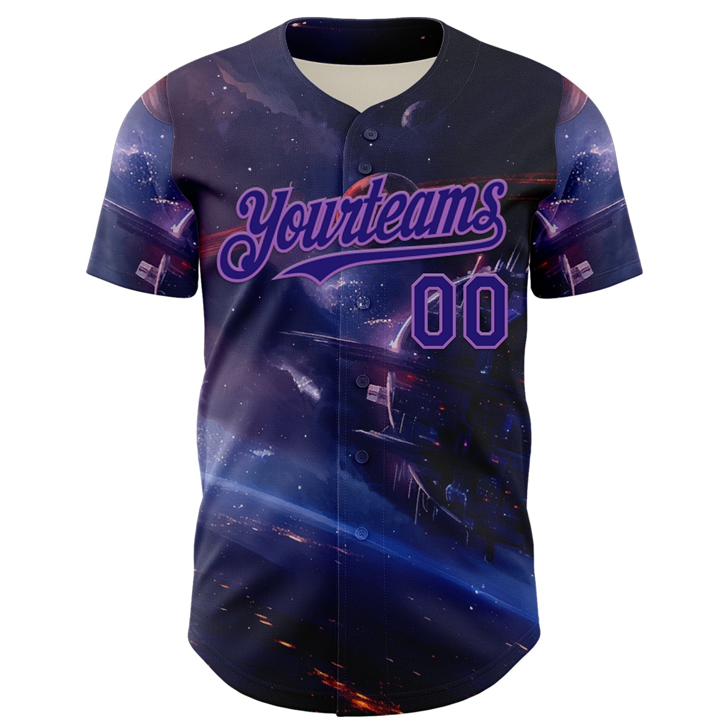 Custom Blue Dark Purple-Medium Purple 3D Pattern Design Outer Space Starships Authentic Baseball Jersey baseball jersey product view 2