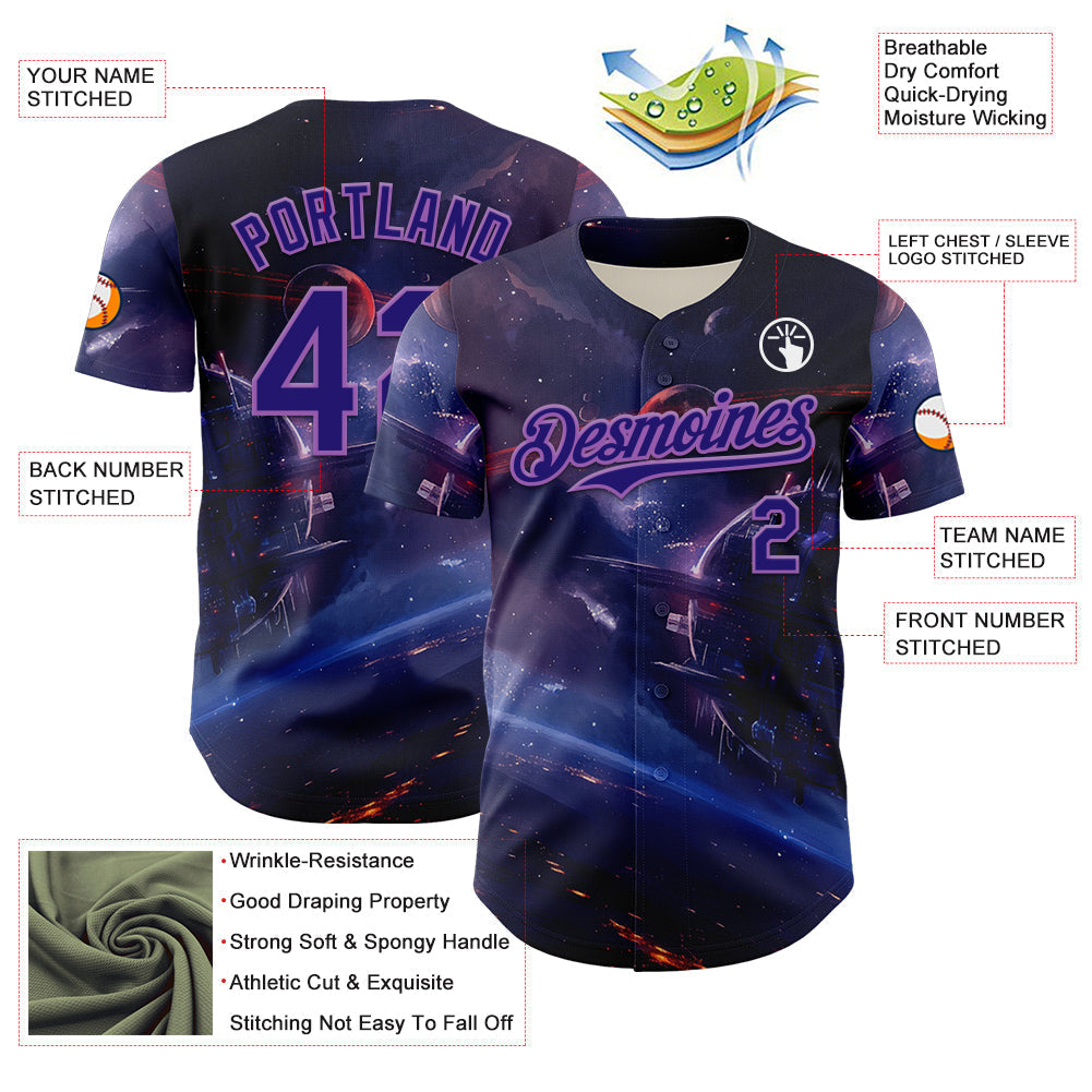 Custom Blue Dark Purple-Medium Purple 3D Pattern Design Outer Space Starships Authentic Baseball Jersey baseball jersey product view 3