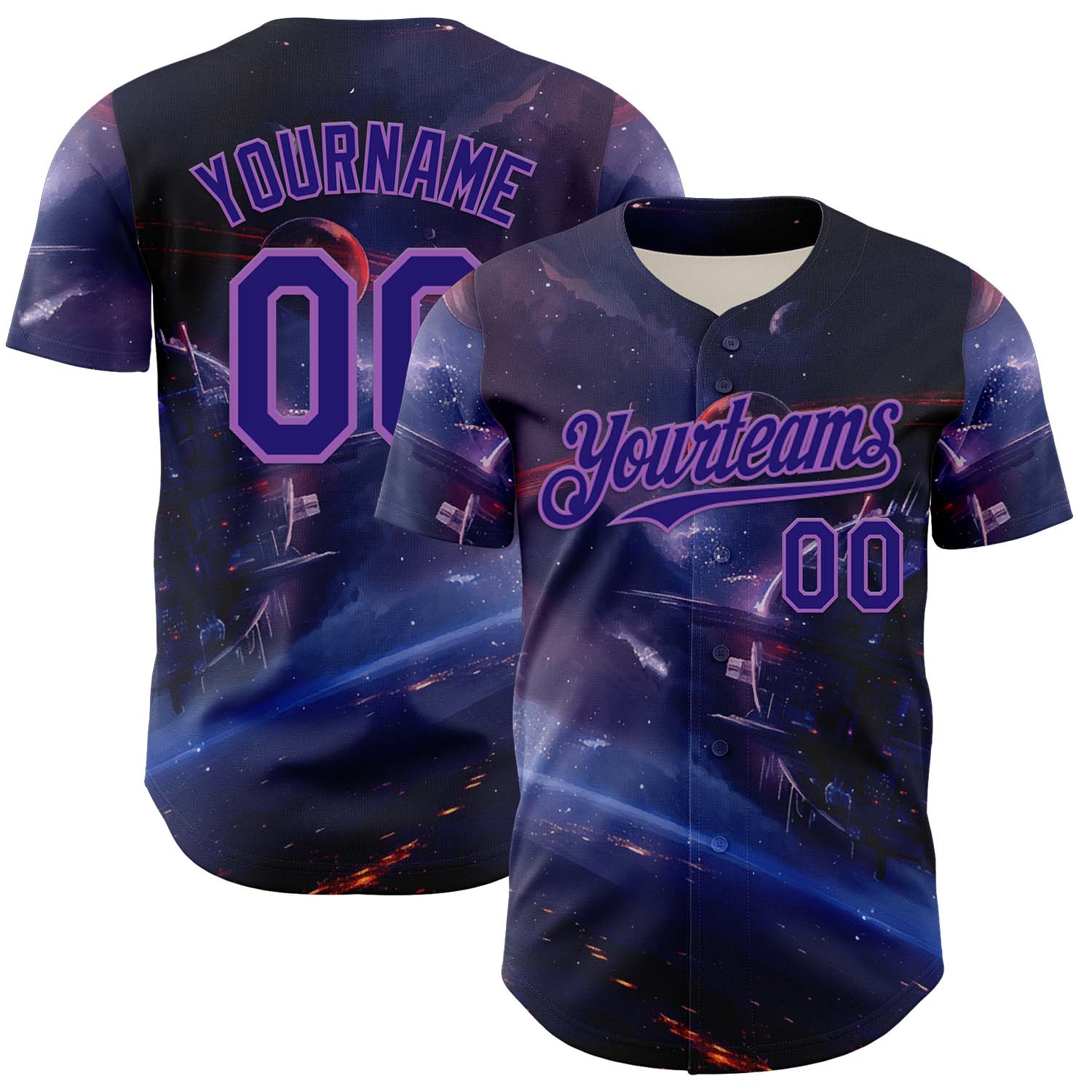 Custom Blue Dark Purple-Medium Purple 3D Pattern Design Outer Space Starships Authentic Baseball Jersey baseball jersey product view 1