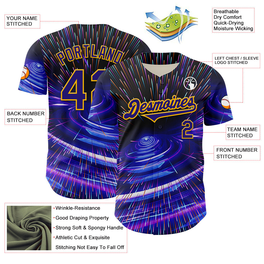 Custom Blue Dark Purple-Gold 3D Pattern Design Outer Space Time Travel Authentic Baseball Jersey baseball jersey product view 3