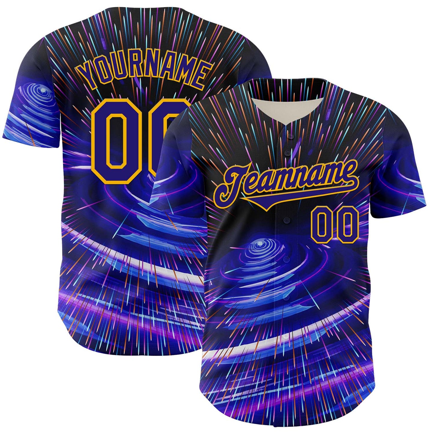 Custom Blue Dark Purple-Gold 3D Pattern Design Outer Space Time Travel Authentic Baseball Jersey baseball jersey product view 1