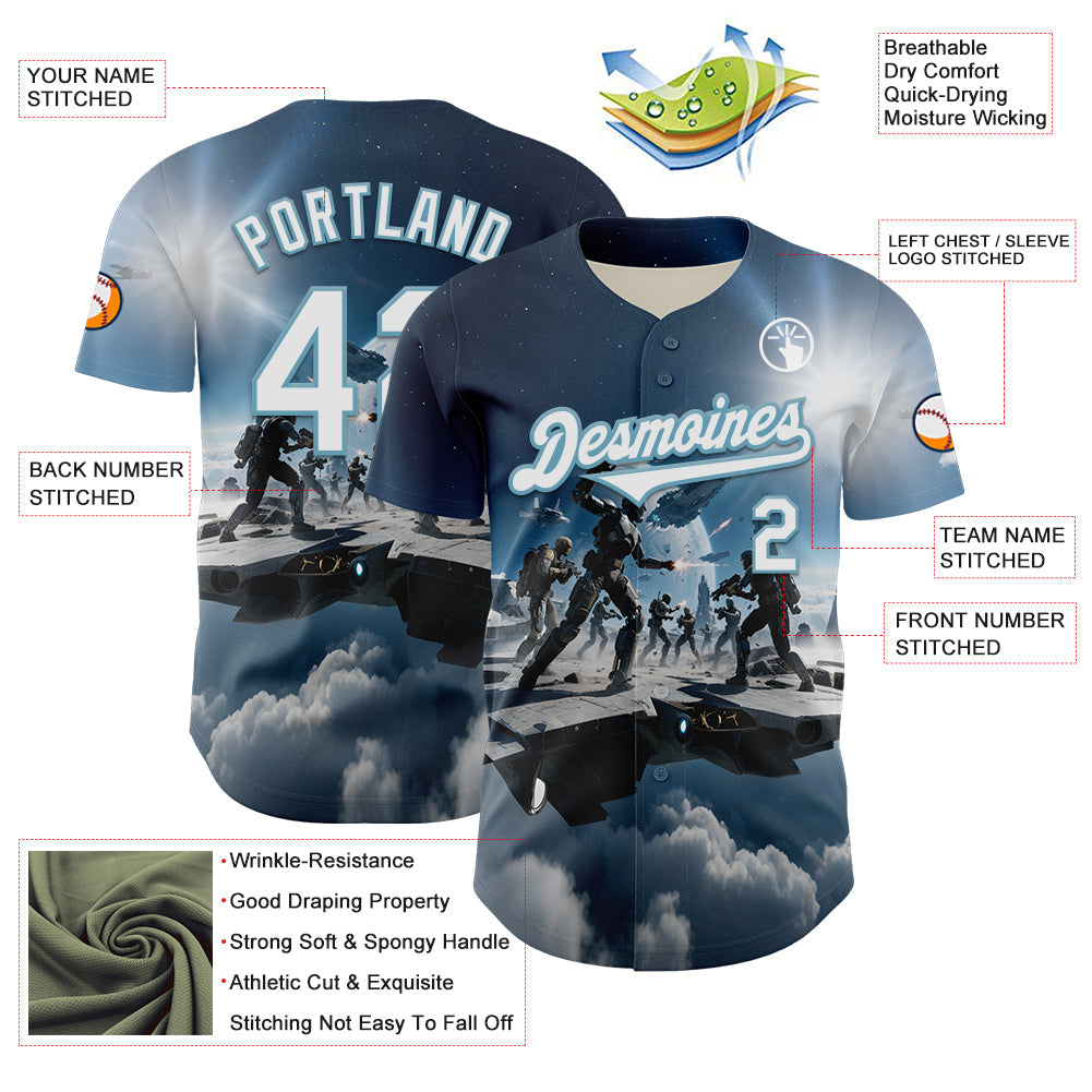 Custom Blue White-Shadow Blue 3D Pattern Design Outer Space Light Swords Authentic Baseball Jersey baseball jersey product view 3