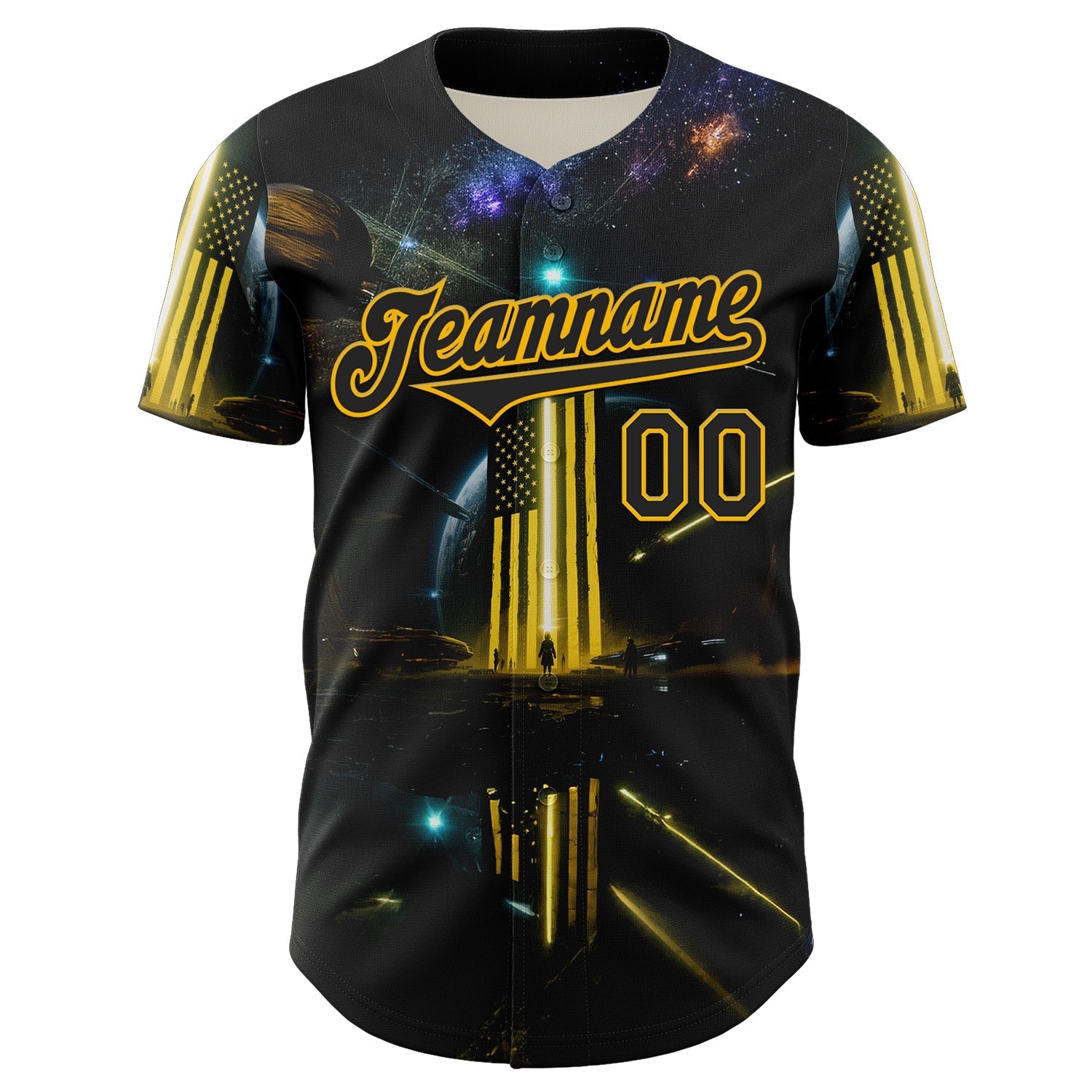 Custom Black Gold 3D Pattern Design Outer Space Light Swords American Flag Authentic Baseball Jersey baseball jersey product view 2