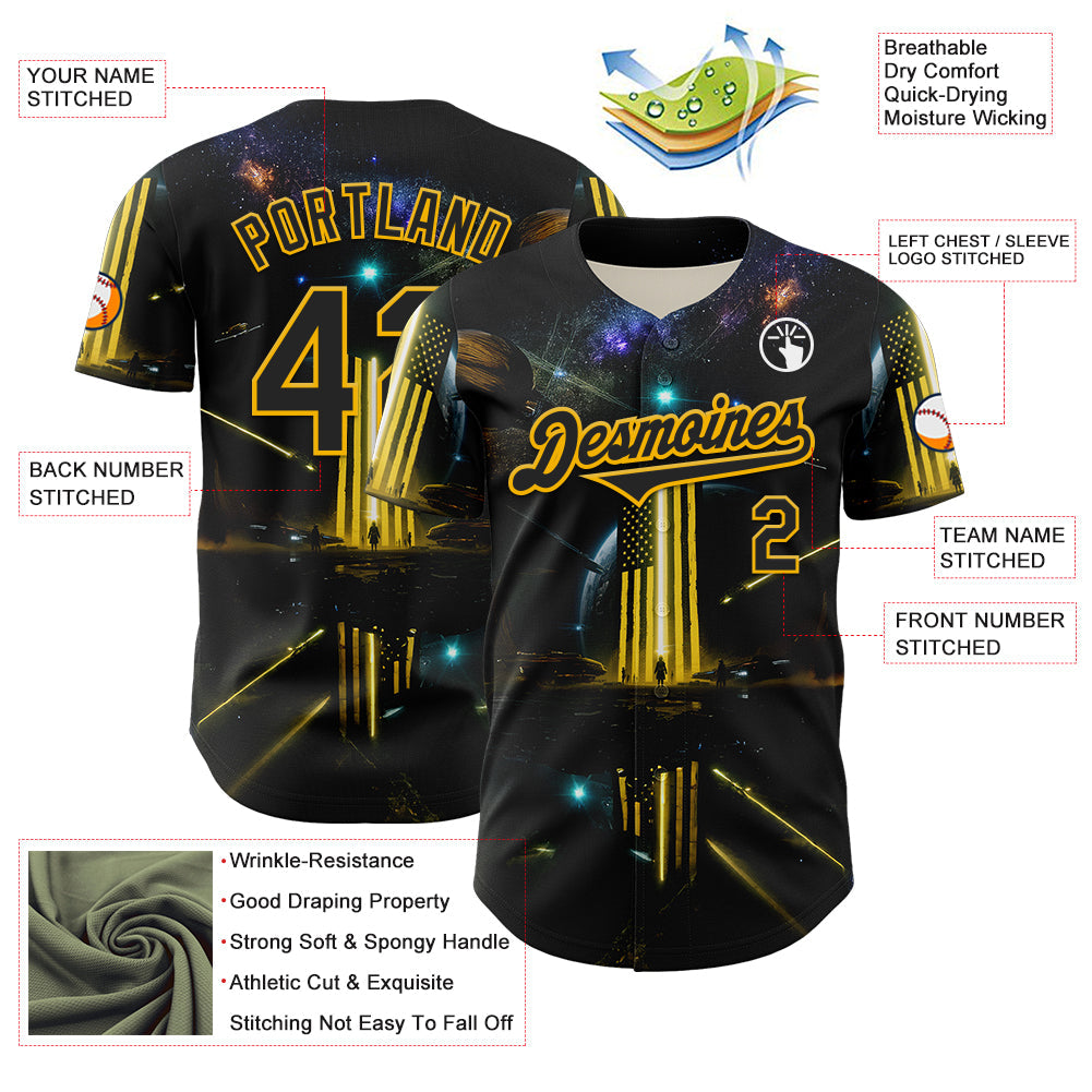 Custom Black Gold 3D Pattern Design Outer Space Light Swords American Flag Authentic Baseball Jersey baseball jersey product view 3